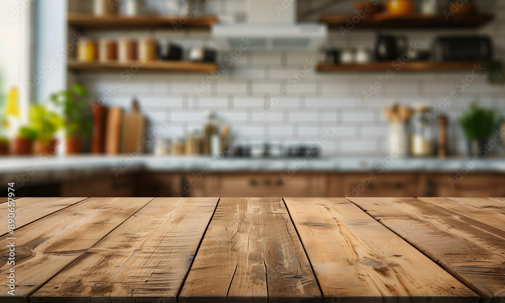 A kitchen counter top with a blurry background, for advertising , product display 3d rendering A kitchen counter top with a blurry background, for advertising , product display 3d rendering