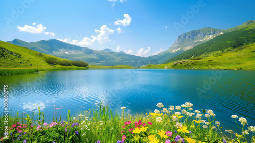Fototapeta Naklejka Na Ścianę i Meble -  A picturesque mountain lake with clear blue water surrounded by lush green hills and vibrant wildflowers under a bright blue sky with fluffy white clouds.