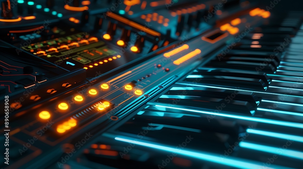 Synth Keyboard with Glowing Buttons and Keys Synth Keyboard with Glowing Buttons and Keys