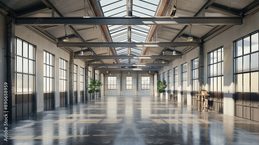 Spacious industrial loft interior with polished concrete floor, large windows, and exposed ceiling beams Spacious industrial loft interior with polished concrete floor, large windows, and exposed ceiling beams