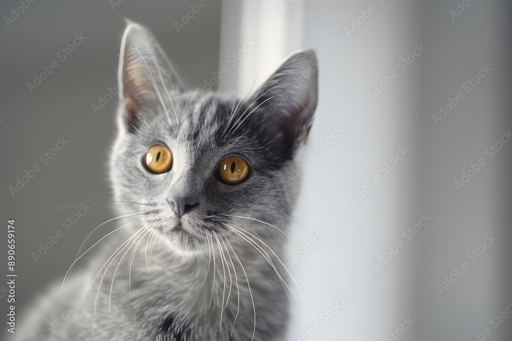 Close-up of a curious grey cat with bright yellow eyes gazing off into the distance. Close-up of a curious grey cat with bright yellow eyes gazing off into the distance.