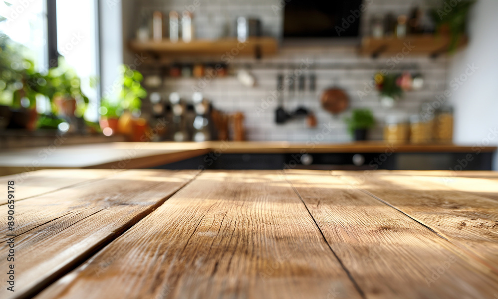 A kitchen counter top with a blurry background, for advertising , product display 3d rendering A kitchen counter top with a blurry background, for advertising , product display 3d rendering