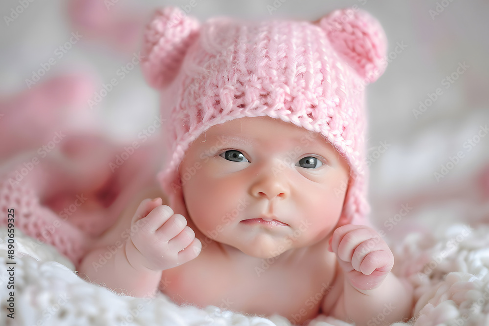 newborn baby girl in pink knitted bear hat newborn baby girl in pink knitted bear hat