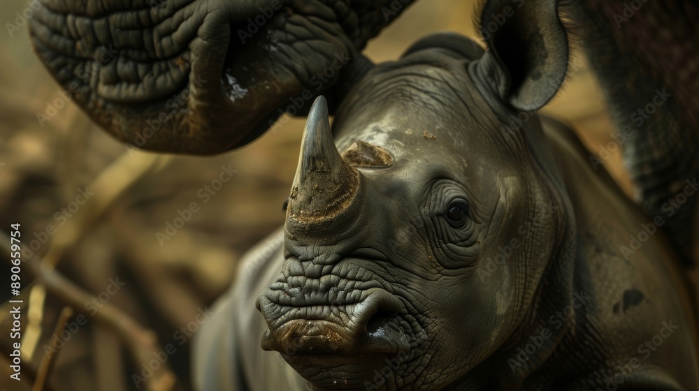 Close-up of a black rhinoceros in the wild. Isolated on a green background. Close-up of a black rhinoceros in the wild. Isolated on a green background.