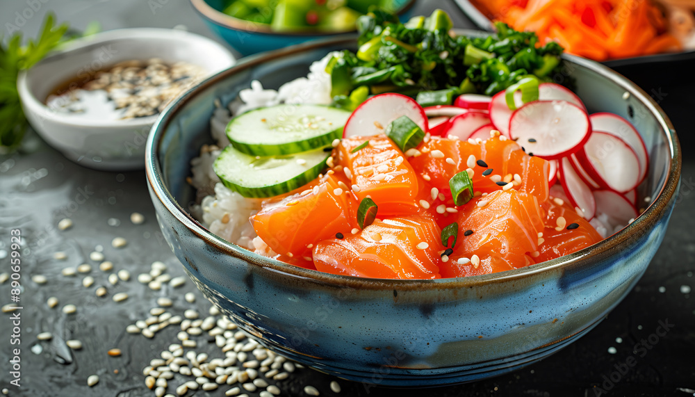 Hawaiian salmon fish poke bowl with rice, radish,cucumber, tomato, sesame seeds and seaweeds. Buddha bowl. Diet food Hawaiian salmon fish poke bowl with rice, radish,cucumber, tomato, sesame seeds and seaweeds. Buddha bowl. Diet food