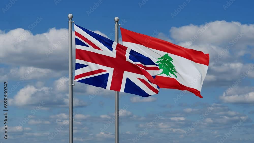 Lebanon and United Kingdom flags flying together, video concept of the relationship, two country cooperation concept Lebanon and United Kingdom flags flying together, video concept of the relationship, two country cooperation concept