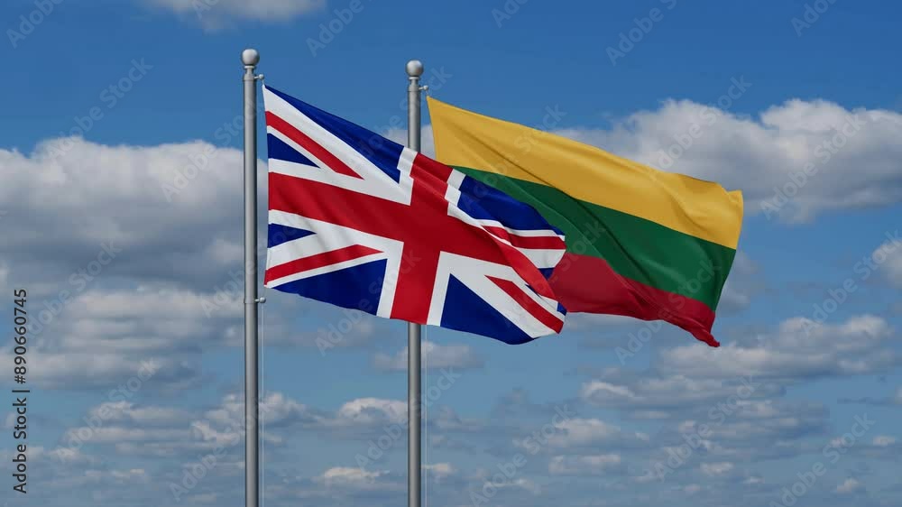 Lithuania and United Kingdom flags flying together, video concept of the relationship, two country relations concept Lithuania and United Kingdom flags flying together, video concept of the relationship, two country relations concept
