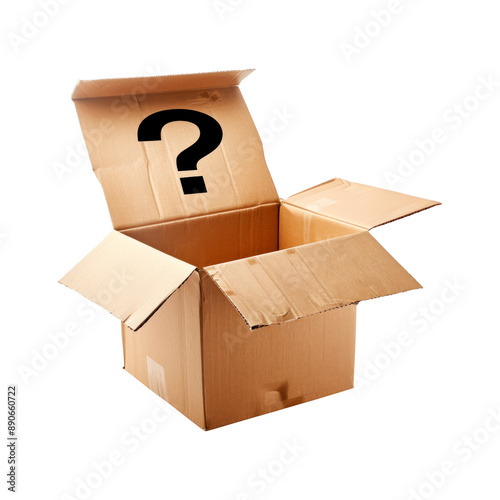 Cardboard box with question mark. Isolated on transparent background. photo