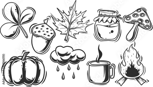 set of hand drawn autumn element oak leaves vector illustration