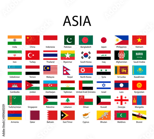 Flags of Asian countries. 48 countries with their capital city on the Asian continent