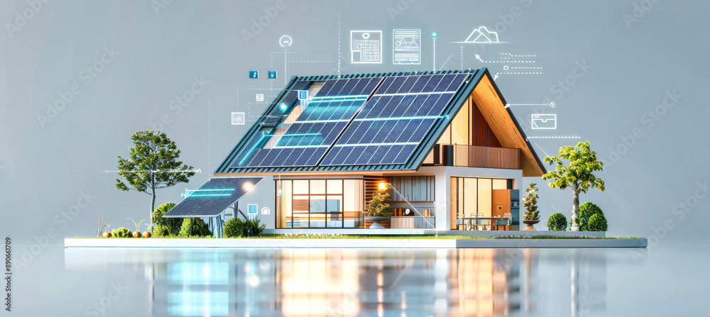 © Anoo - 3D rendering of a smart home with solar panels & digital diagrams, highlighting AI-powered energy management for real-time data collection © Anoo - 3D rendering of a smart home with solar panels & digital diagrams, highlighting AI-powered energy management for real-time data collection