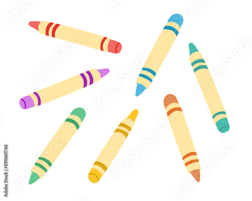 Multicolored kids crayons. Traditional kids craft art supplies, creative hobby accessories, top view. Flat vector illustration isolated on white background