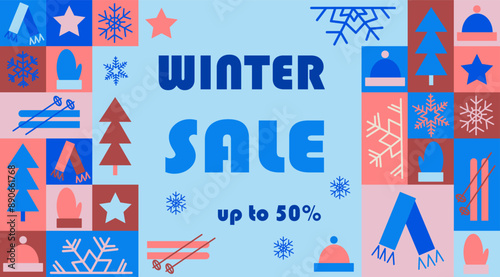 Winter sale abstract contrast horizontal banner in geometric style. Related elements to winter in simple geometric shapes, vector flat style. Good for advertisement and trading