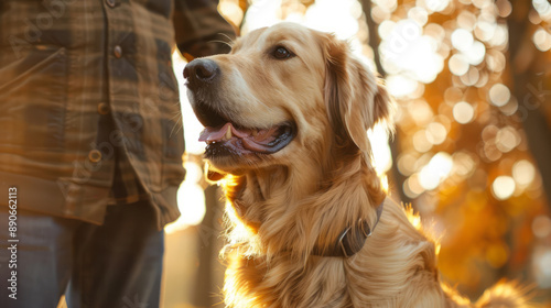 Golden retriever dog with owner in the park or forest during sunrise or sunset. 