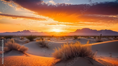 Golden desert sunset with tall sand dunes and vibrant sky in orange, red, purple, and blue hues, stunning scenic landscape.