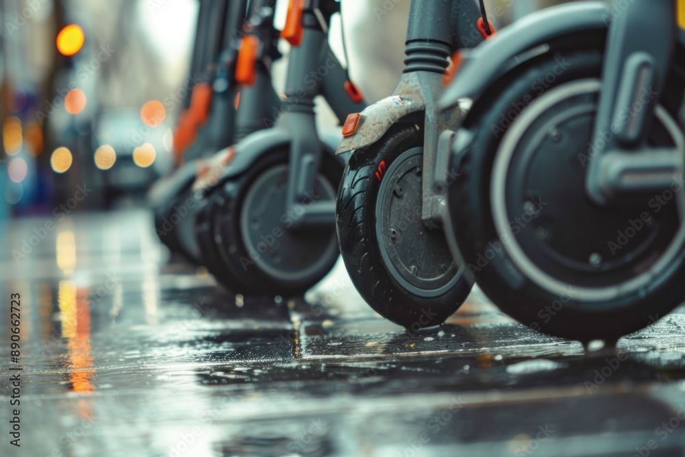Fototapeta premium close-up and bottom view of a group of electric push scooters available for rent, with a blurred city street