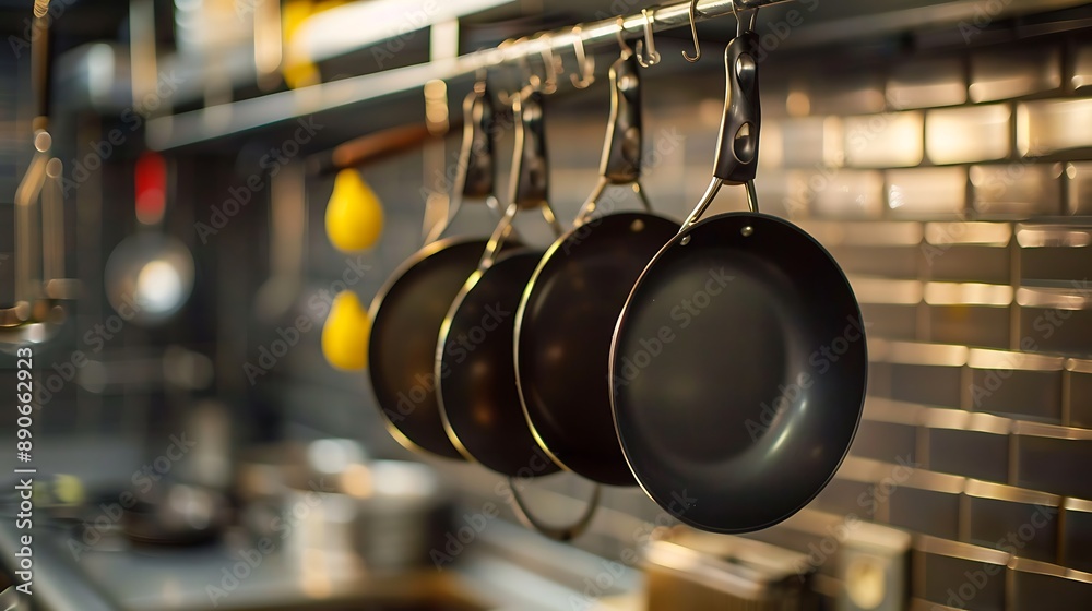 Fototapeta premium Black Frying Pans Hanging in a Modern Kitchen