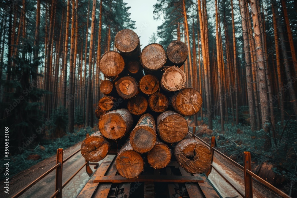 Close-up and rear view of a large truck carrying wooden logs of pine trees in a green forest. Lumber industry Close-up and rear view of a large truck carrying wooden logs of pine trees in a green forest. Lumber industry