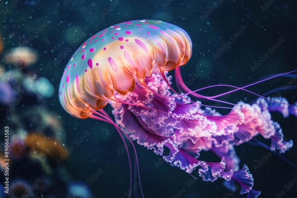 Obraz premium Close-up of a beautiful jellyfish with pink and violet tentacles and fluorescent colors, swimming in the dark water
