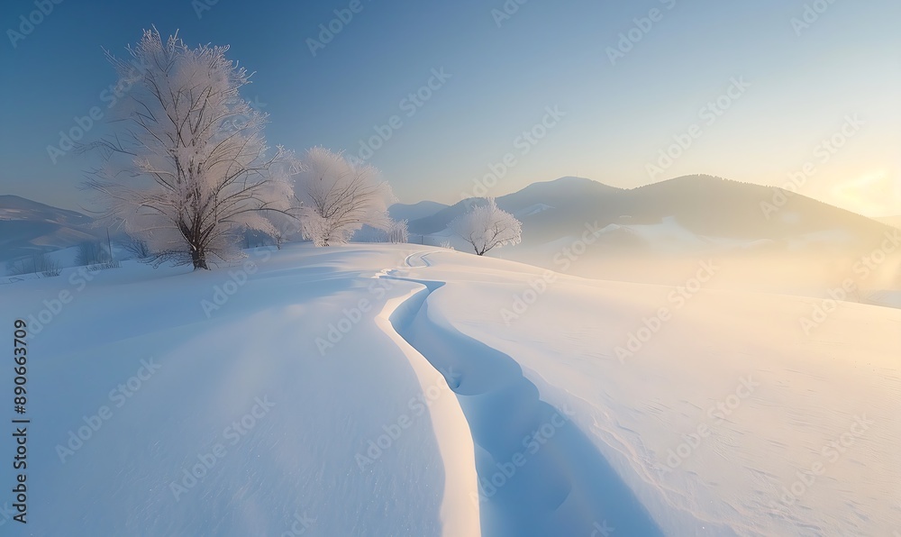 Frosty trees stand tall in a snowy landscape with fog and mountains in the background. Frosty trees stand tall in a snowy landscape with fog and mountains in the background.