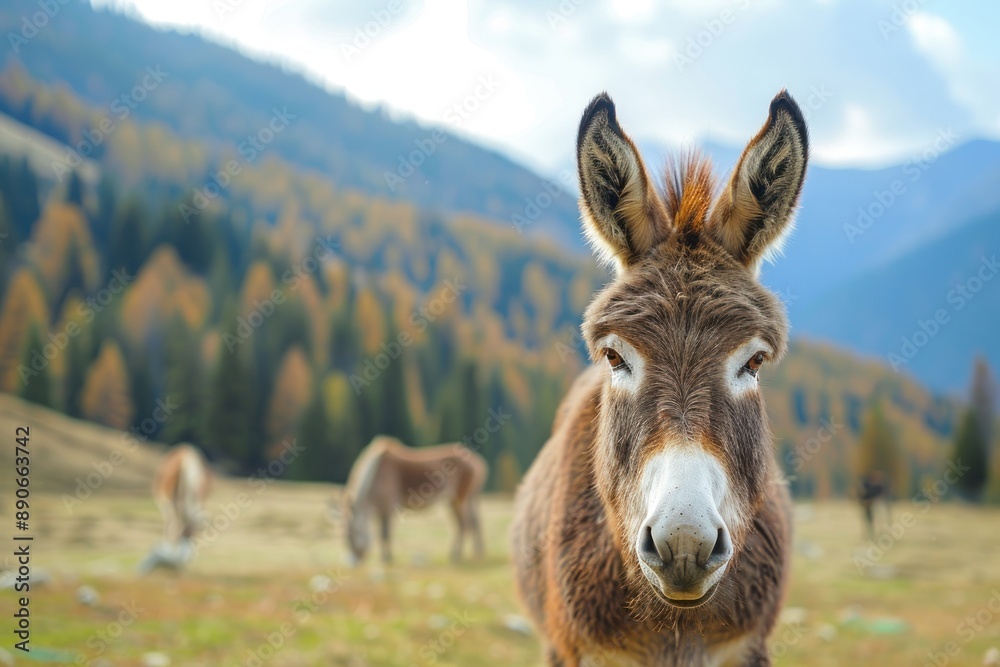 close-up of a brown and white donkey looking at camera on a mountain pasture close-up of a brown and white donkey looking at camera on a mountain pasture