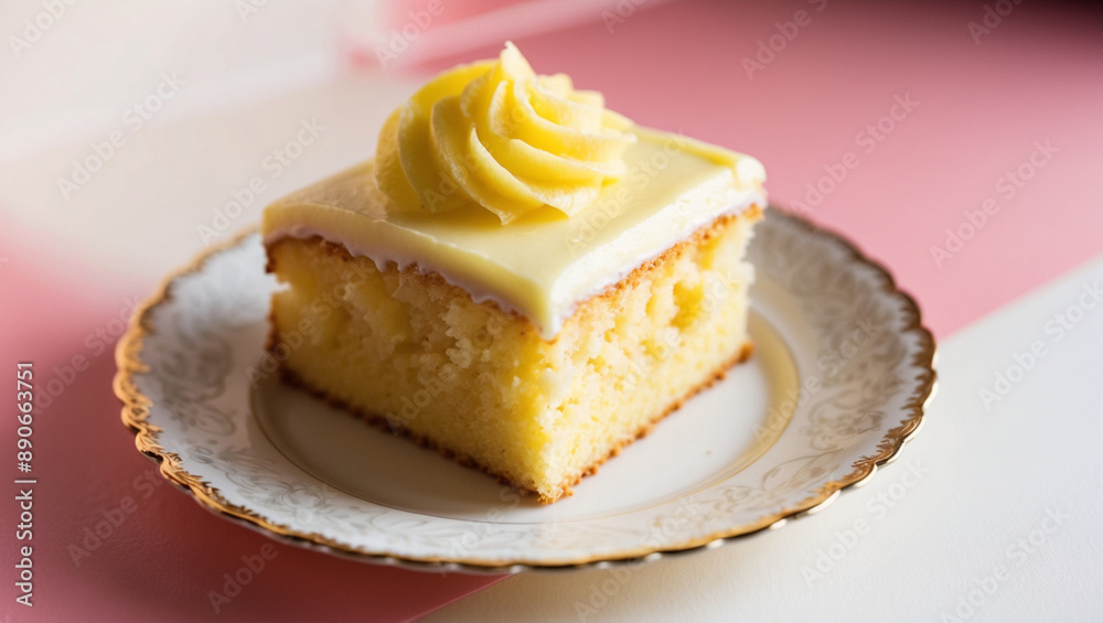 A Slice of Yellow Cake with Lemon Frosting on an Ornate Plate A Slice of Yellow Cake with Lemon Frosting on an Ornate Plate