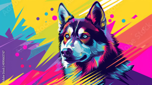 Colorful siberian husky portrait in pop art style