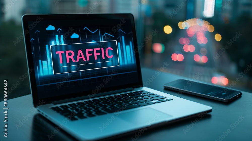 Close-up of a laptop displaying the word TRAFFIC on the screen, symbolizing digital marketing and SEO strategies. Ideal for content related to online traffic and search engine optimization. Close-up of a laptop displaying the word TRAFFIC on the screen, symbolizing digital marketing and SEO strategies. Ideal for content related to online traffic and search engine optimization.