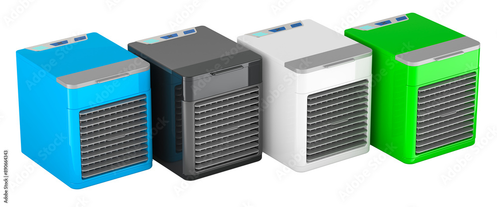 Colored Mini Air Conditioner Fans with USB, 3D rendering isolated on transparent background Colored Mini Air Conditioner Fans with USB, 3D rendering isolated on transparent background