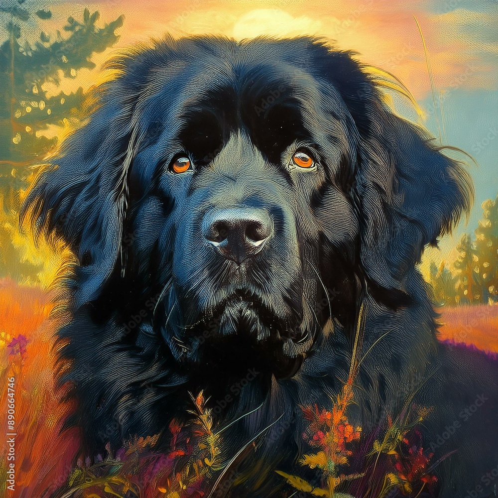 Newfoundland dog in painting technique Newfoundland dog in painting technique