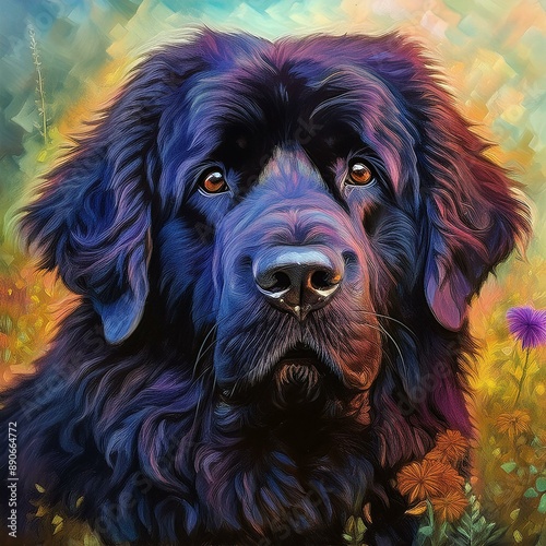 Newfoundland dog in painting technique