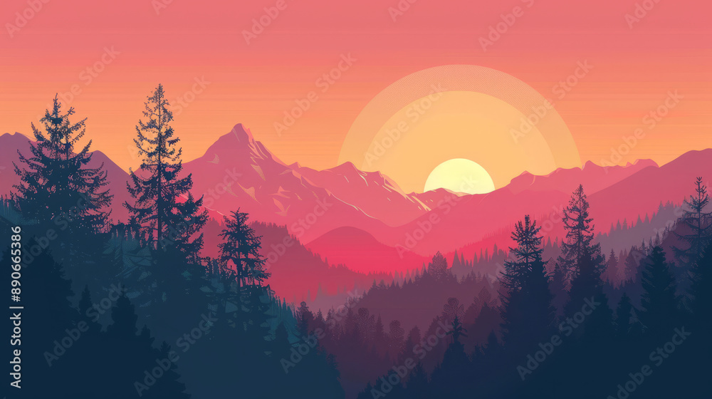 Redwood National and State Parks, Washington during sunrise or sunset in minimal colorful flat vector art style illustration. Redwood National and State Parks, Washington during sunrise or sunset in minimal colorful flat vector art style illustration.