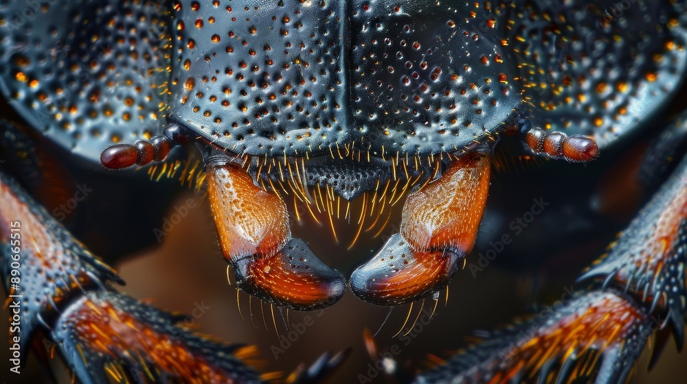 Detailed view of a black beetle s face with orange mandibles and whiskers Detailed view of a black beetle s face with orange mandibles and whiskers
