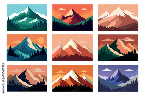 A set of illustrations of mountain landscapes. Design element for poster, card, banner, flyer. Vector illustration.