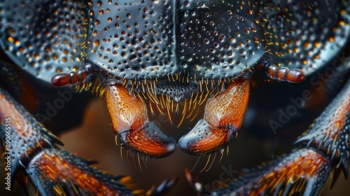 Detailed view of a black beetle s face with orange mandibles and whiskers photo