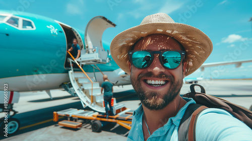 Excited Traveler Taking Selfie at the Airport. A cheerful young man takes a selfie in front of an airplane at the airport. His broad smile and backpack indicate excitement and readiness for an adventu photo