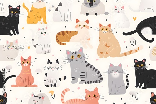 Colorful and playful illustrated cats create a fun and whimsical pattern on a light background.
