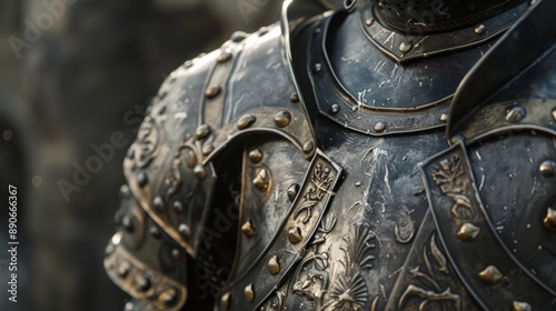 Close-up of a knight's armor, worn and weathered with time