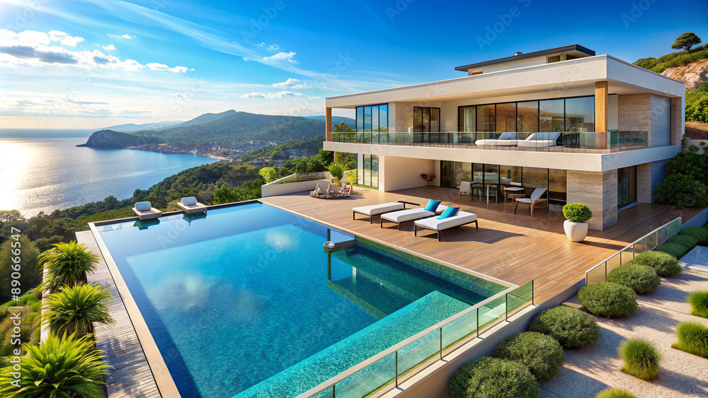 Fototapeta premium A luxurious modern villa with an infinity pool overlooking a scenic coastline and mountain range. The sun shines brightly on a clear day