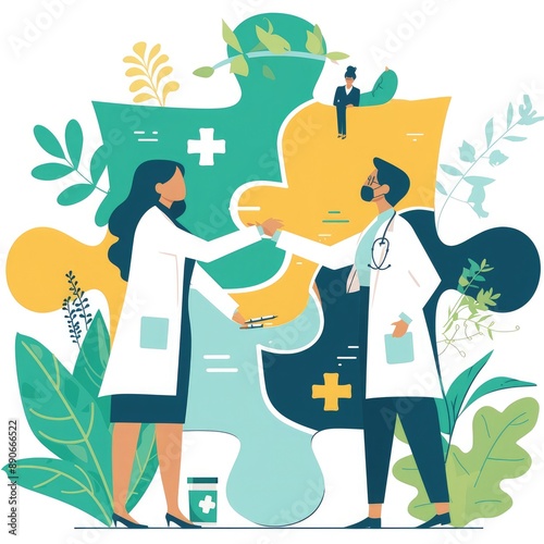 Clinician touching puzzle sections, medical collaboration, flat design illustration