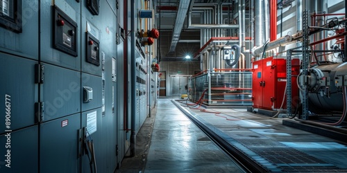 Industrial Interior with Control Panels and Pipes