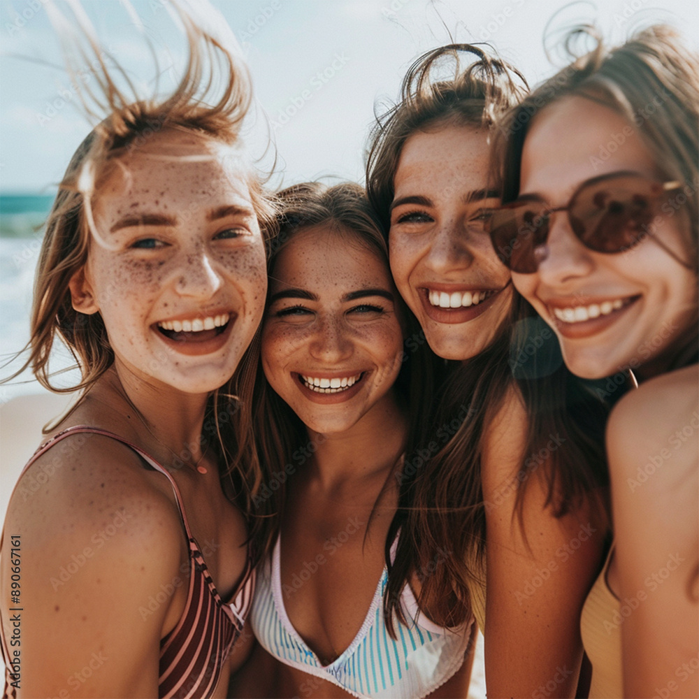 happy and smiling group of friends with the beach out of focus background happy and smiling group of friends with the beach out of focus background