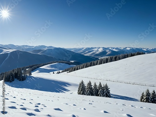 A scenic view of snow covered mountains with blue sky and bright sunshine.