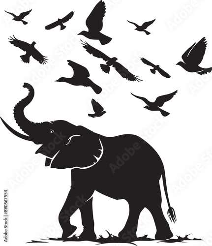 Elephant with bird flying silhouette