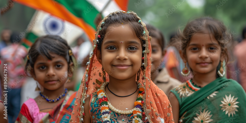 Celebrating Indian Independence Day with Joy. A group of young girls dressed in traditional Indian attire, smiling and celebrating Indian Independence Day. The Indian flag waves proudly in the backgro Celebrating Indian Independence Day with Joy. A group of young girls dressed in traditional Indian attire, smiling and celebrating Indian Independence Day. The Indian flag waves proudly in the backgro