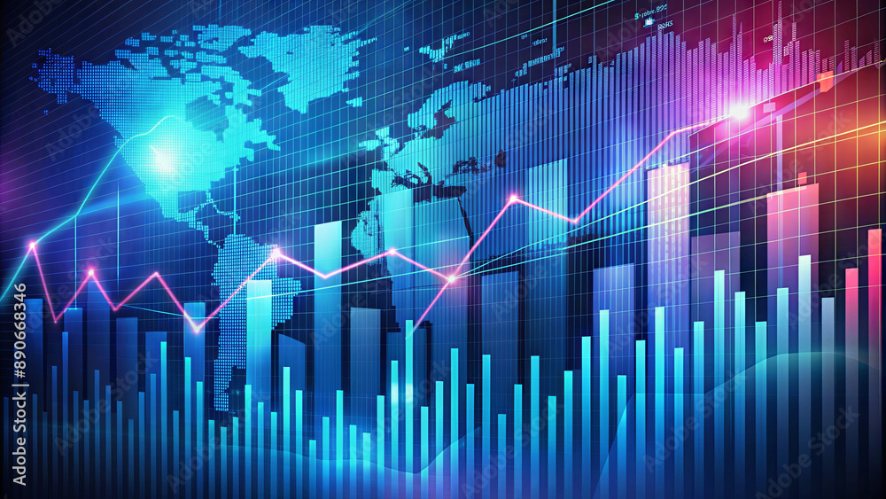 A blue bar graph and a pink line graph both rise upwards, indicating positive growth and success in a global market A blue bar graph and a pink line graph both rise upwards, indicating positive growth and success in a global market