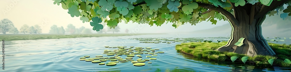 whimsical tree with book leaves created from paper cuts standing by serene river with lily pads The water surface is ideal for educational text whimsical tree with book leaves created from paper cuts standing by serene river with lily pads The water surface is ideal for educational text