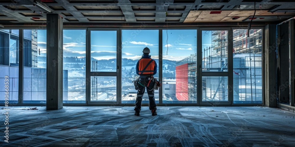 Construction Worker Looking Out a Window of a Building Under Construction Construction Worker Looking Out a Window of a Building Under Construction