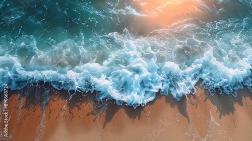 abstract sand beach from above with light blue transparent water waves and sunlights, summer vacation background concept banner with copy space, natural beauty spa outdoors 