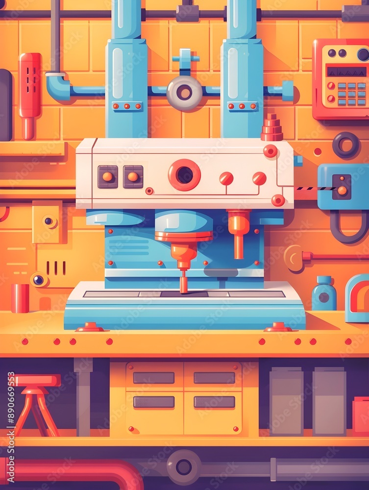 Obraz premium Close-up of Colorful and Detailed Industrial Workshop Equipment and Machinery in Flat Design